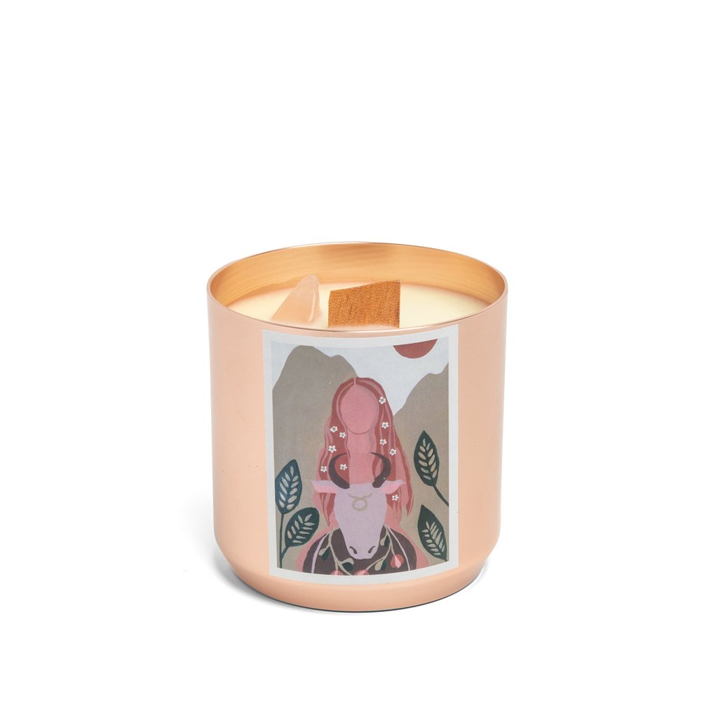 TAURUS Zodiac Candle with ROSE QUARTZ